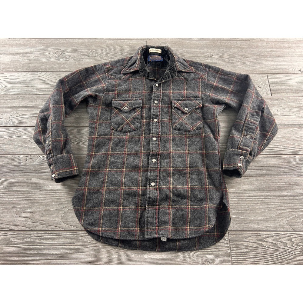 Vintage Pendleton Wool Western Shirt Mens Medium Grey Plaid Pearl Snap USA 252